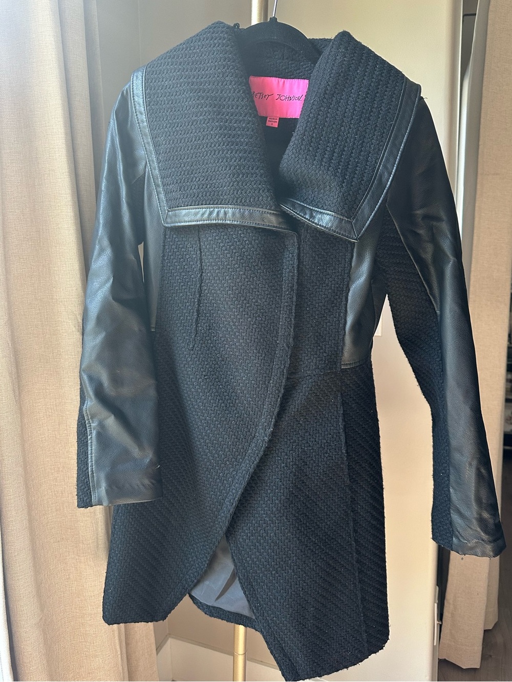 Black Mixed-Media Wrap Coat - Women's Jacket
